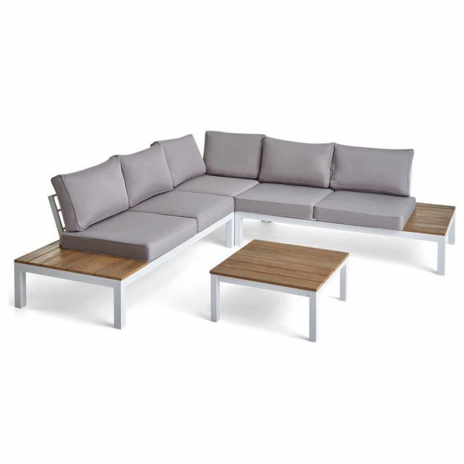 Outdoor Lounge Furniture * | Gdfstudio Gdf Studio Leo Outdoor Aluminum V-Shaped Faux Wood Sectional Sofa Set, Light Gra