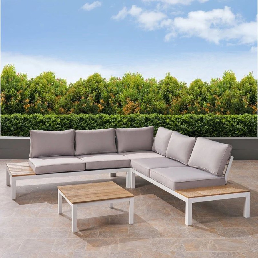 Outdoor Lounge Furniture * | Gdfstudio Gdf Studio Leo Outdoor Aluminum V-Shaped Faux Wood Sectional Sofa Set, Light Gra