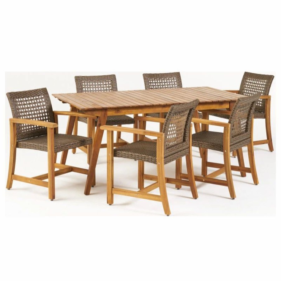 Outdoor Dining Furniture * | Gdfstudio Andy Outdoor 6 Seater Dining Set, Teak Finish/Mixed Mocha