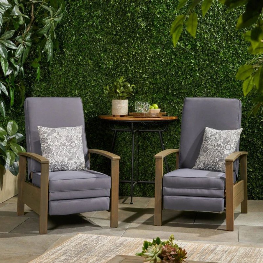 Outdoor Lounge Furniture * | Gdfstudio Olga Outdoor Acacia Wood Recliner With Cushion, Set Of 2, Sandblast Gray/Dark Gr