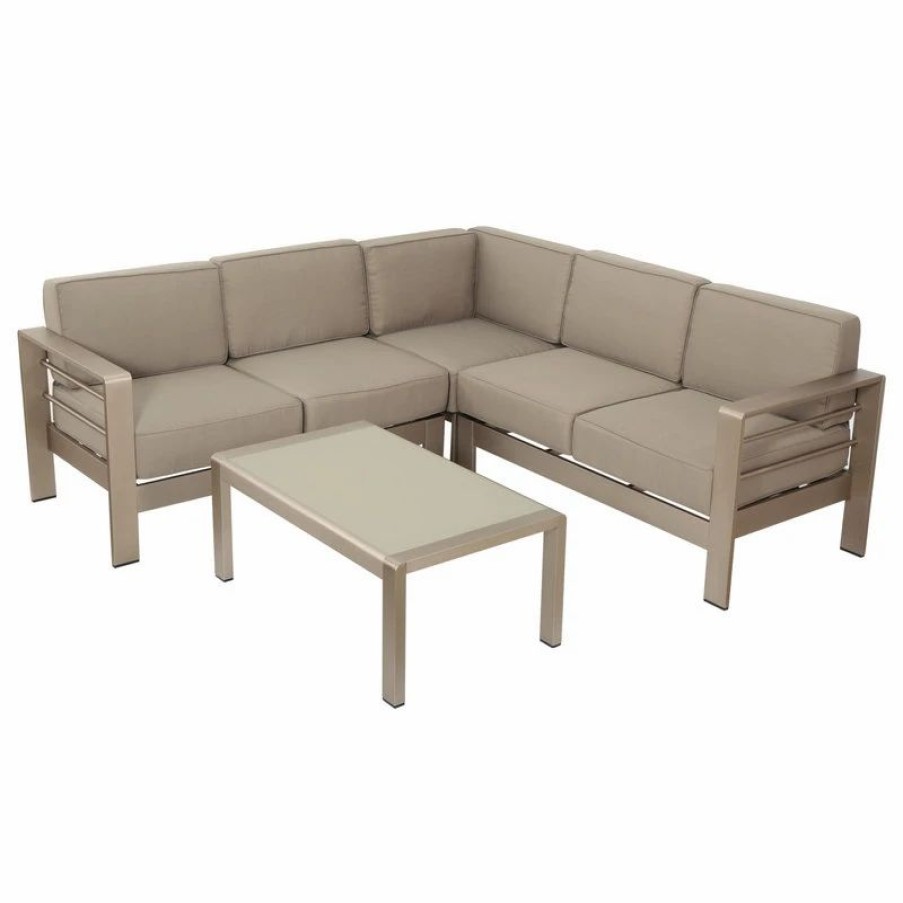 Outdoor Lounge Furniture * | Gdfstudio Crested Bay Outdoor Aluminum 6 Seater Sectional Sofa Chat Set With Cushions, Sil