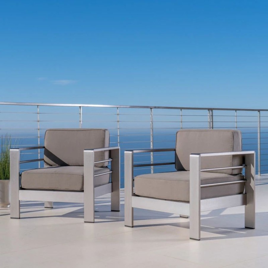 Outdoor Lounge Furniture * | Gdfstudio Crested Bay Outdoor Aluminum Club Chairs With Cushions, Silver + Khaki, Set Of 2