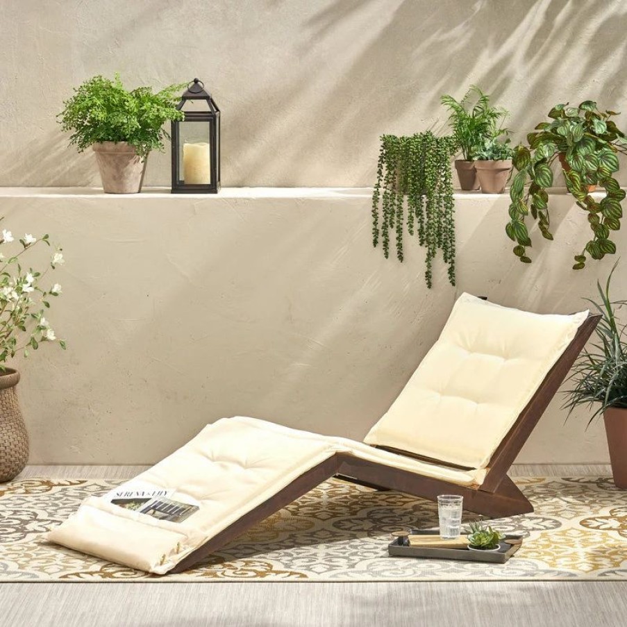 Outdoor Chairs * | Gdfstudio Gdf Studio Midori Mahogany Wood Folding Chaise Lounger Chair With Cream Cushion