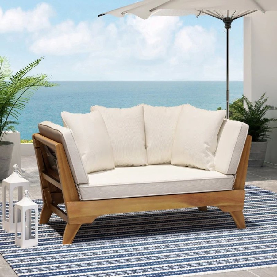 Outdoor Chairs * | Gdfstudio Shiloh Outdoor Acacia Expandable Daybed With Cushions, Teak Finish/Khaki/Beige