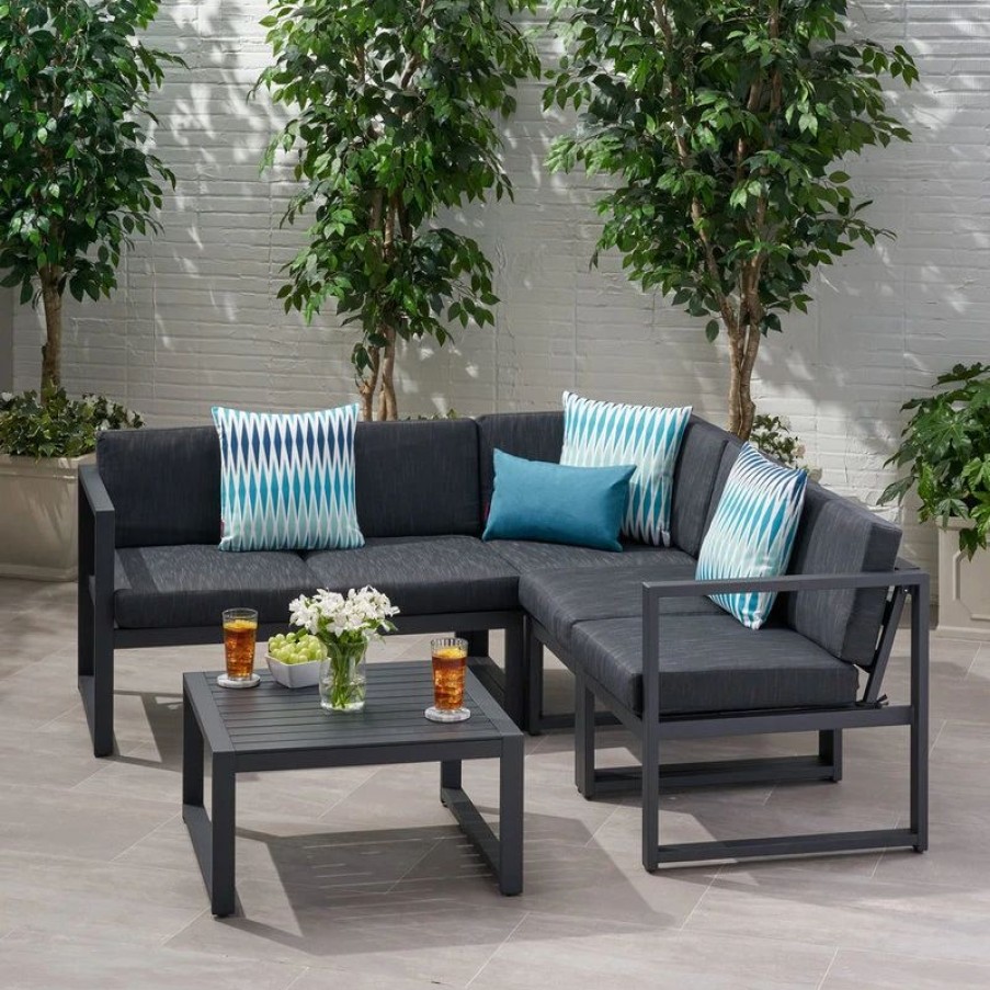 Outdoor Lounge Furniture * | Gdfstudio Nealie Outdoor Aluminum V Shaped 5-Seater Sectional Sofa Set With Cushions