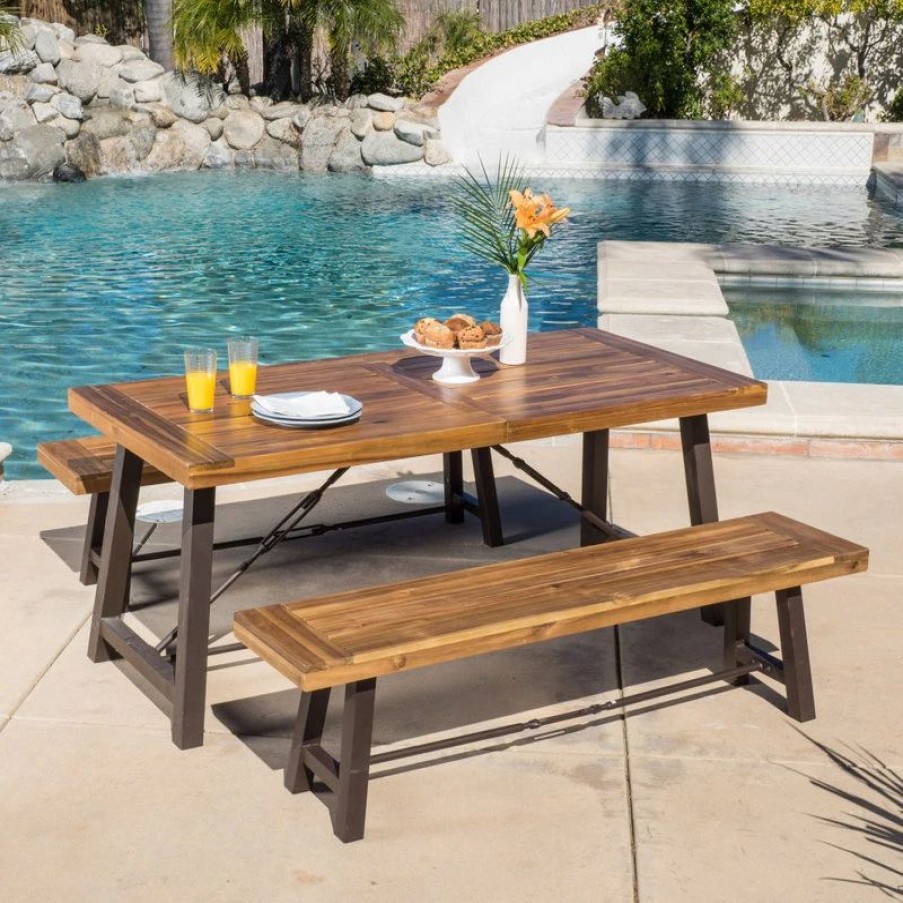 Outdoor Dining Furniture * | Gdfstudio Gdf Studio Rosario Outdoor 3-Piece Acacia Wood Picnic Dining Set