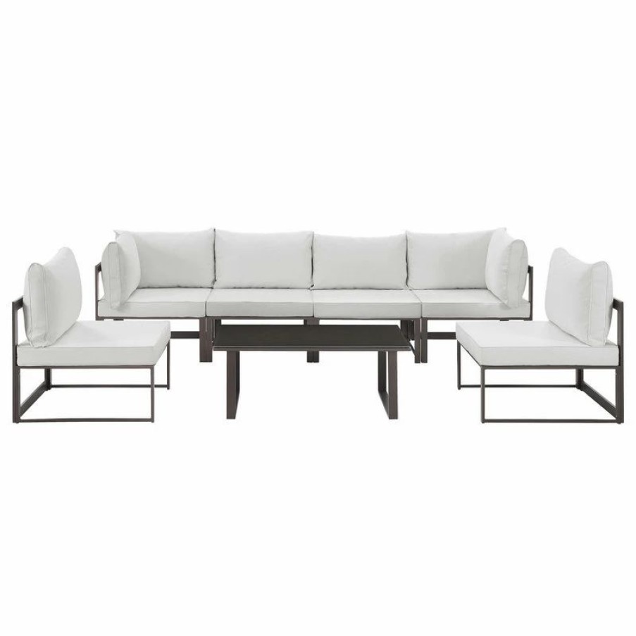 Outdoor Lounge Furniture * | Lexmod Fortuna 7-Piece Outdoor Aluminum Sectional Sofa Set, Brown White