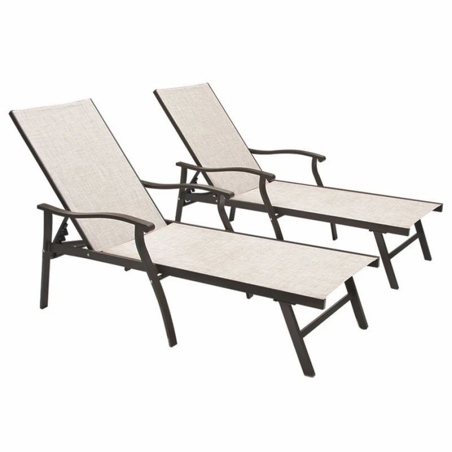 Outdoor Chairs * | Crestlive Products Outdoor Patio Aluminum Adjustable Chaise Lounge Chair With Arms (Set Of 2), Beig