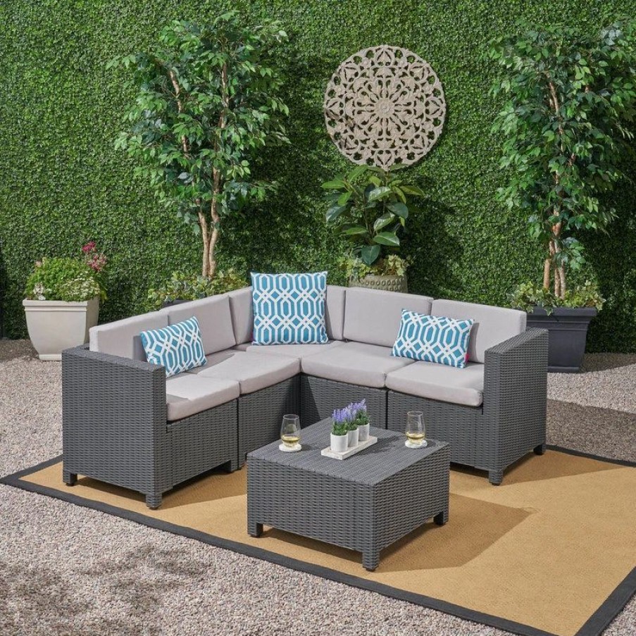 Outdoor Lounge Furniture * | Gdfstudio Riley Outdoor 5 Seater Faux Wicker Sectional Sofa Set, Dark Gray, Gray