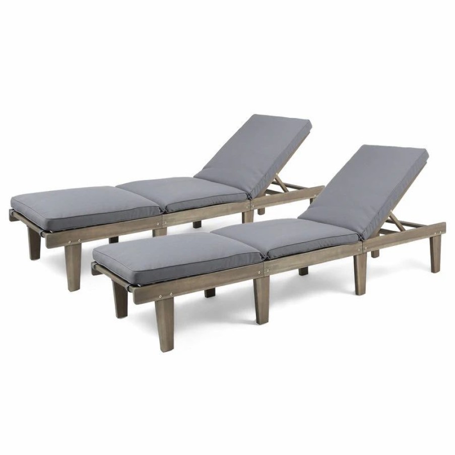 Outdoor Chairs * | Gdfstudio Gdf Studio Alisa Outdoor Acacia Wood Chaise Lounge With Cushion, Gray, Set Of 2