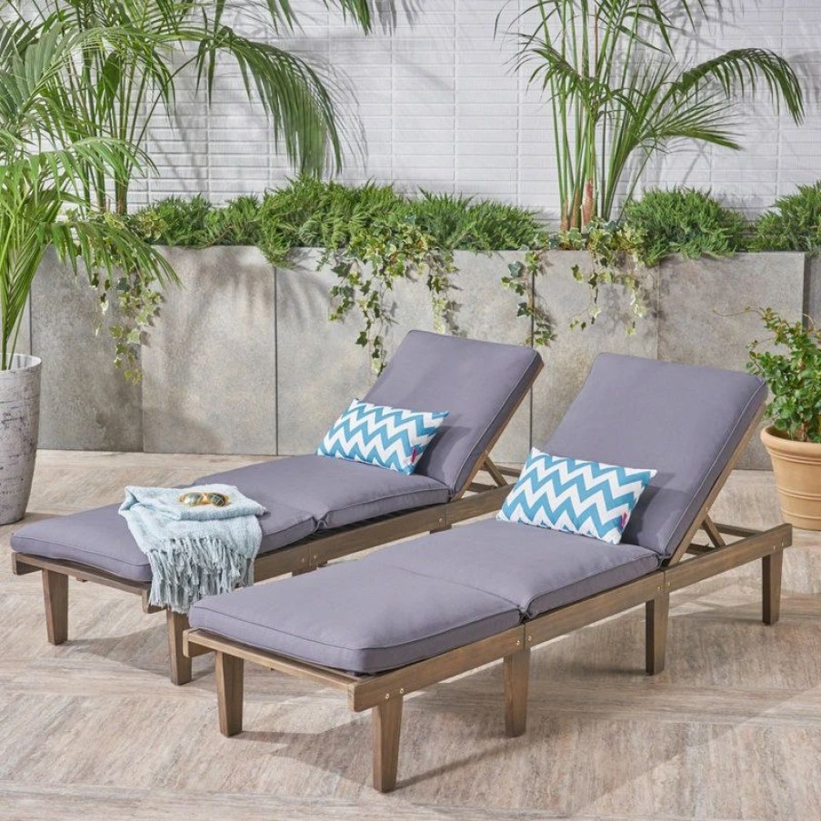 Outdoor Chairs * | Gdfstudio Gdf Studio Alisa Outdoor Acacia Wood Chaise Lounge With Cushion, Gray, Set Of 2