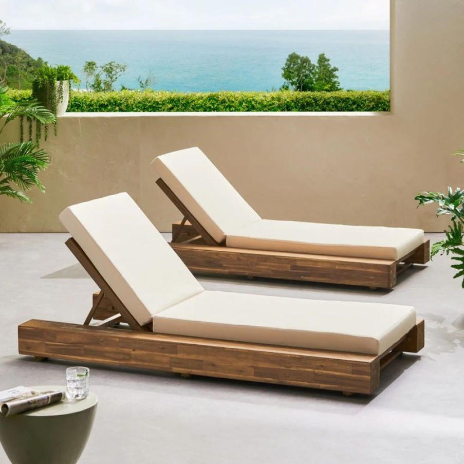 Outdoor Chairs * | Gdfstudio Ursula Outdoor Acacia Wood Chaise Lounge And Cushion Set, Set Of 2, Cream