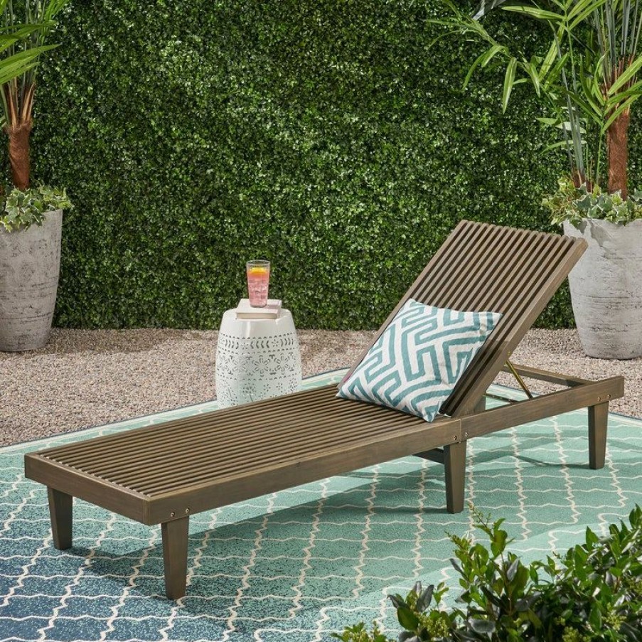 Outdoor Chairs * | Gdfstudio Addisyn Outdoor Wooden Chaise Lounge, Gray Finish