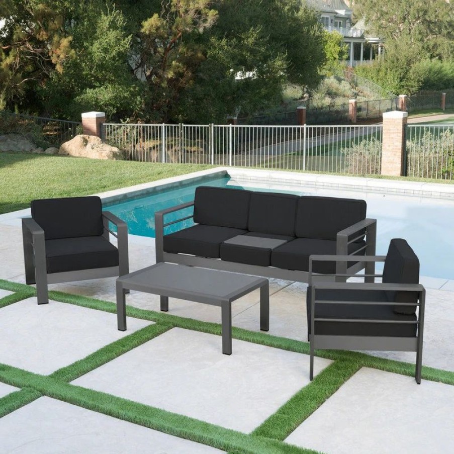 Outdoor Lounge Furniture * | Gdfstudio Gdf Studio 4-Piece Crested Bay Outdoor Gray Aluminum Sofa Chat Set With Cushions