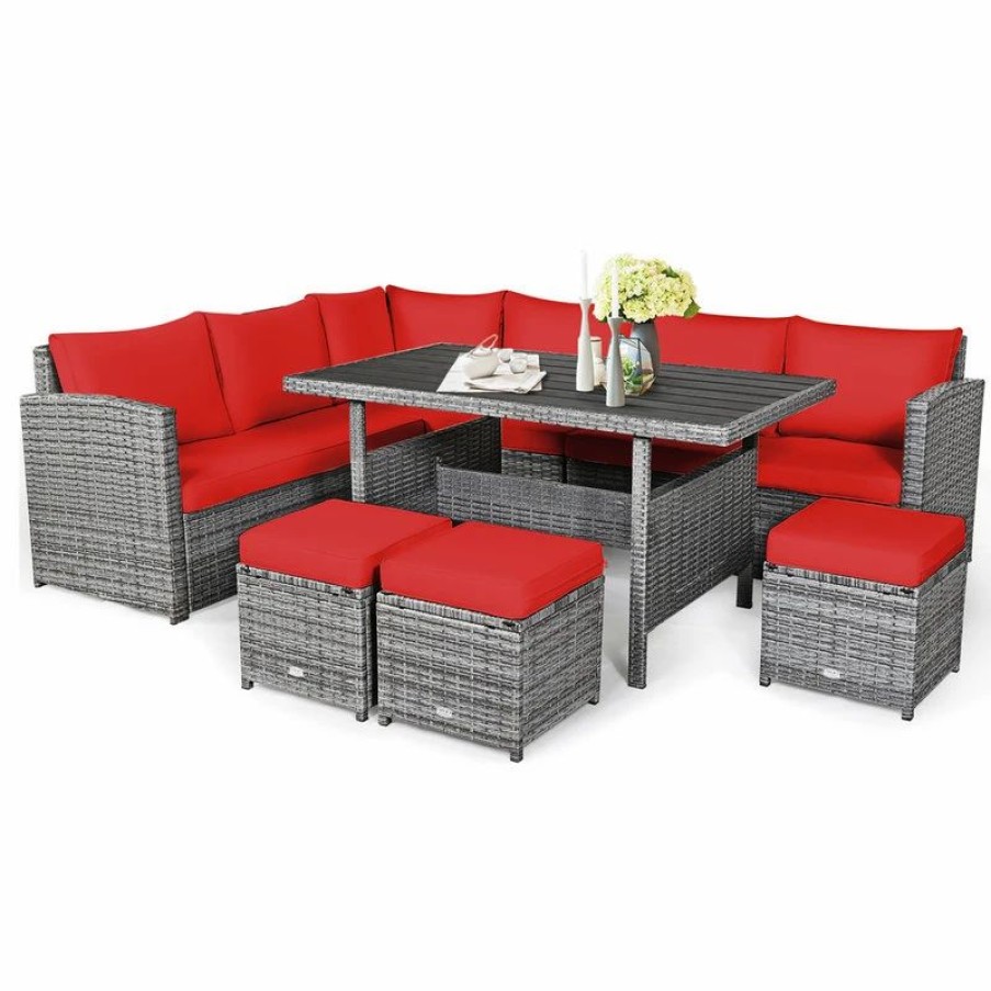 Outdoor Dining Furniture * | Costway 7 Pcs Patio Rattan Dining Set Sectional Sofa Couch Ottoman Garden Red