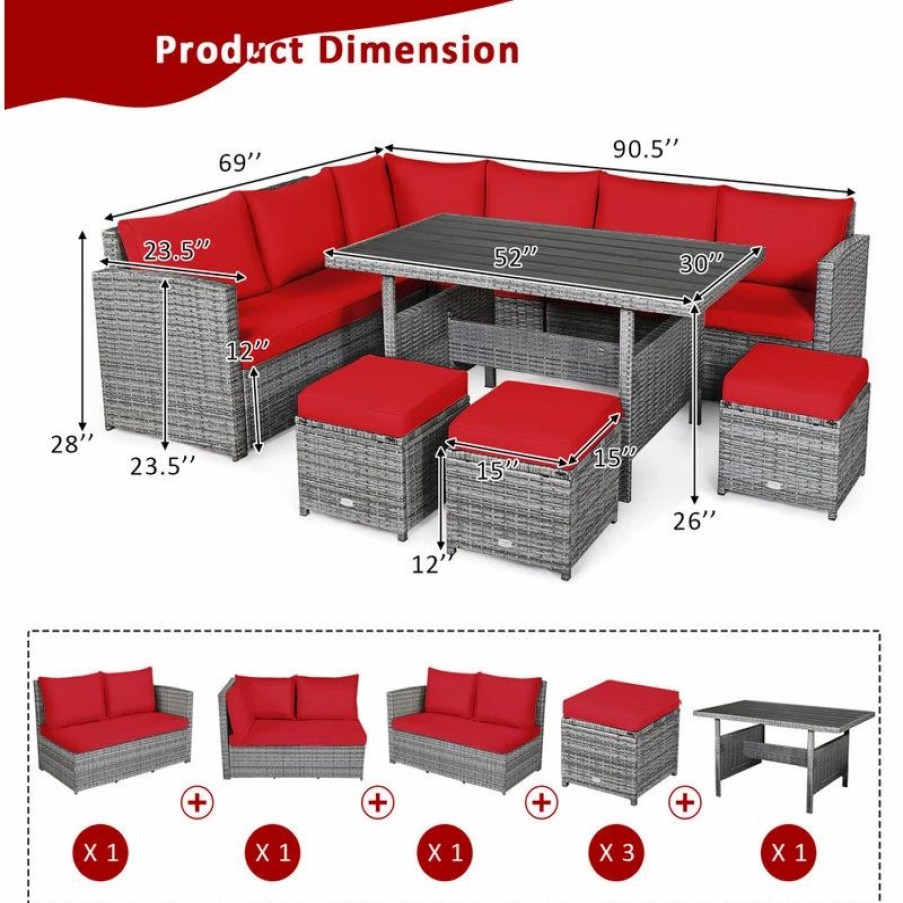 Outdoor Dining Furniture * | Costway 7 Pcs Patio Rattan Dining Set Sectional Sofa Couch Ottoman Garden Red