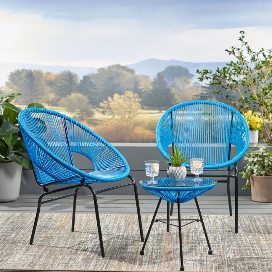 Outdoor Lounge Furniture * | Gdfstudio Alamo Outdoor Modern 2 Seater Faux Rattan Chat Set, Blue/Black