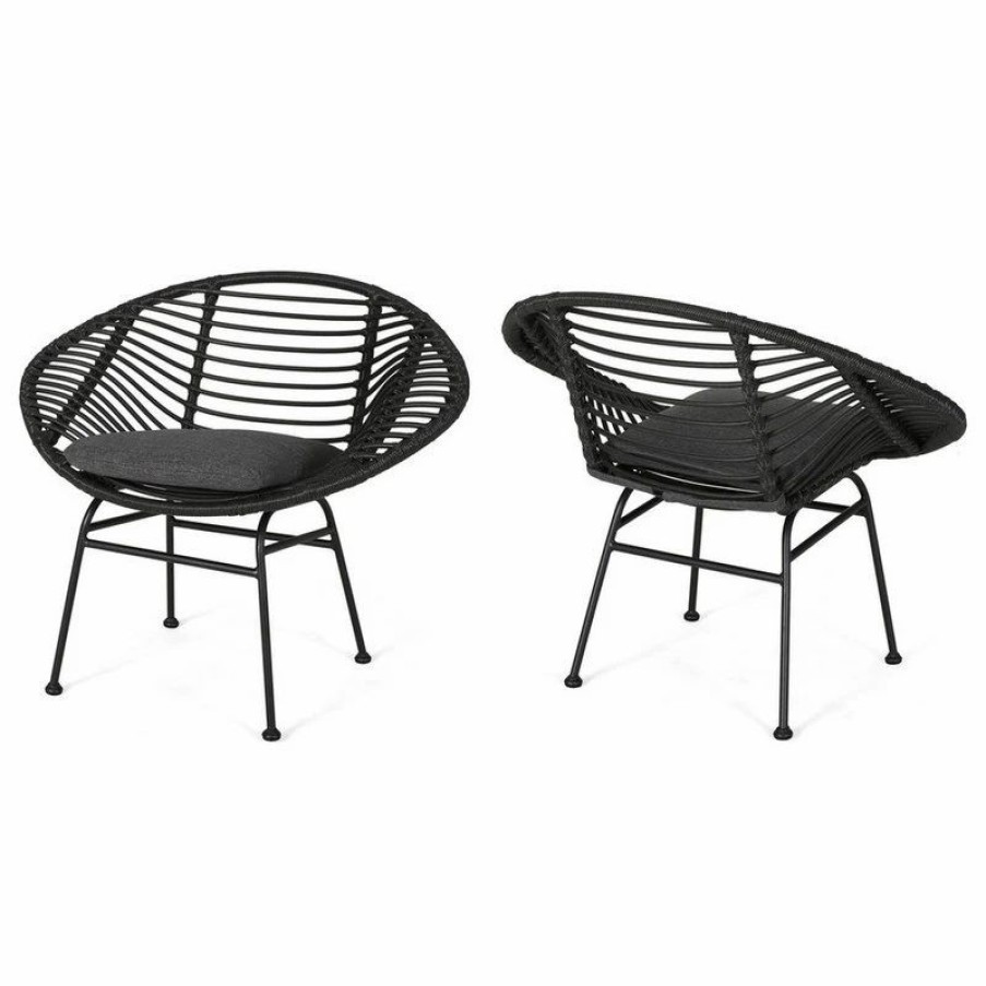 Outdoor Lounge Furniture * | Gdfstudio Aleah Outdoor Woven Faux Rattan Chairs With Cushions, Set Of 2, Gray/Dark Gray F