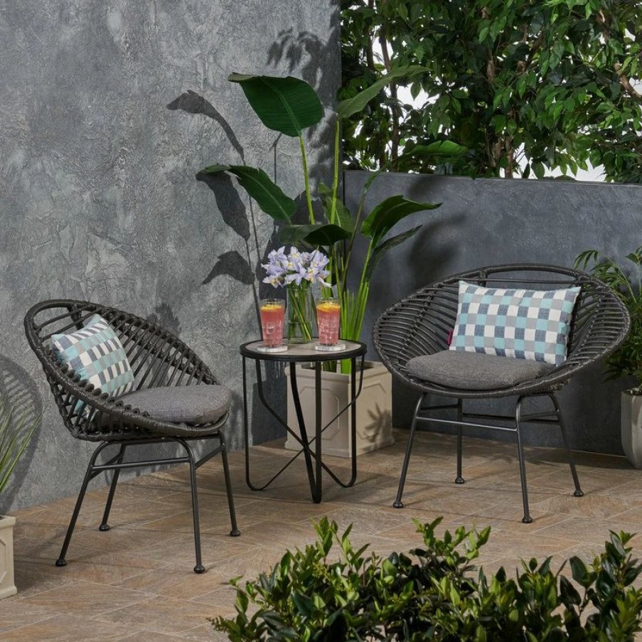 Outdoor Lounge Furniture * | Gdfstudio Aleah Outdoor Woven Faux Rattan Chairs With Cushions, Set Of 2, Gray/Dark Gray F