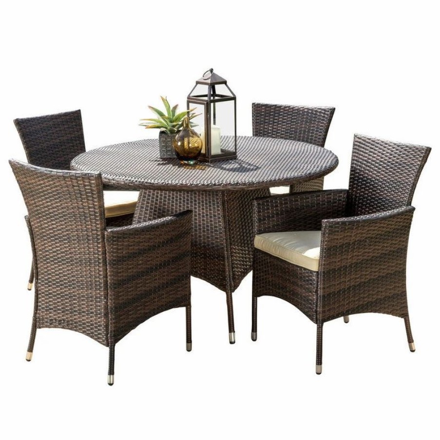 Outdoor Dining Furniture * | Gdfstudio Gdf Studio 5-Piece Clementine Outdoor Multibrown Wicker Round Dining Set