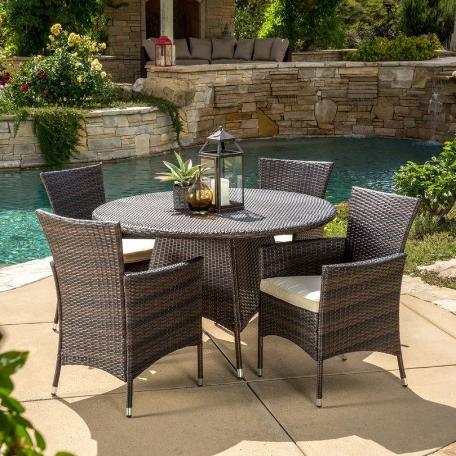 Outdoor Dining Furniture * | Gdfstudio Gdf Studio 5-Piece Clementine Outdoor Multibrown Wicker Round Dining Set