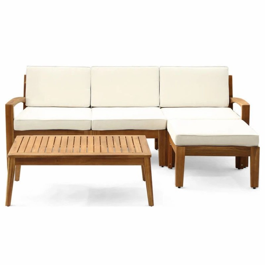 Outdoor Lounge Furniture * | Gdfstudio Gdf Studio Grenada 3-Seater Acacia Sectional Set With Coffee Table And Ottoman, Teak Finish/Beige