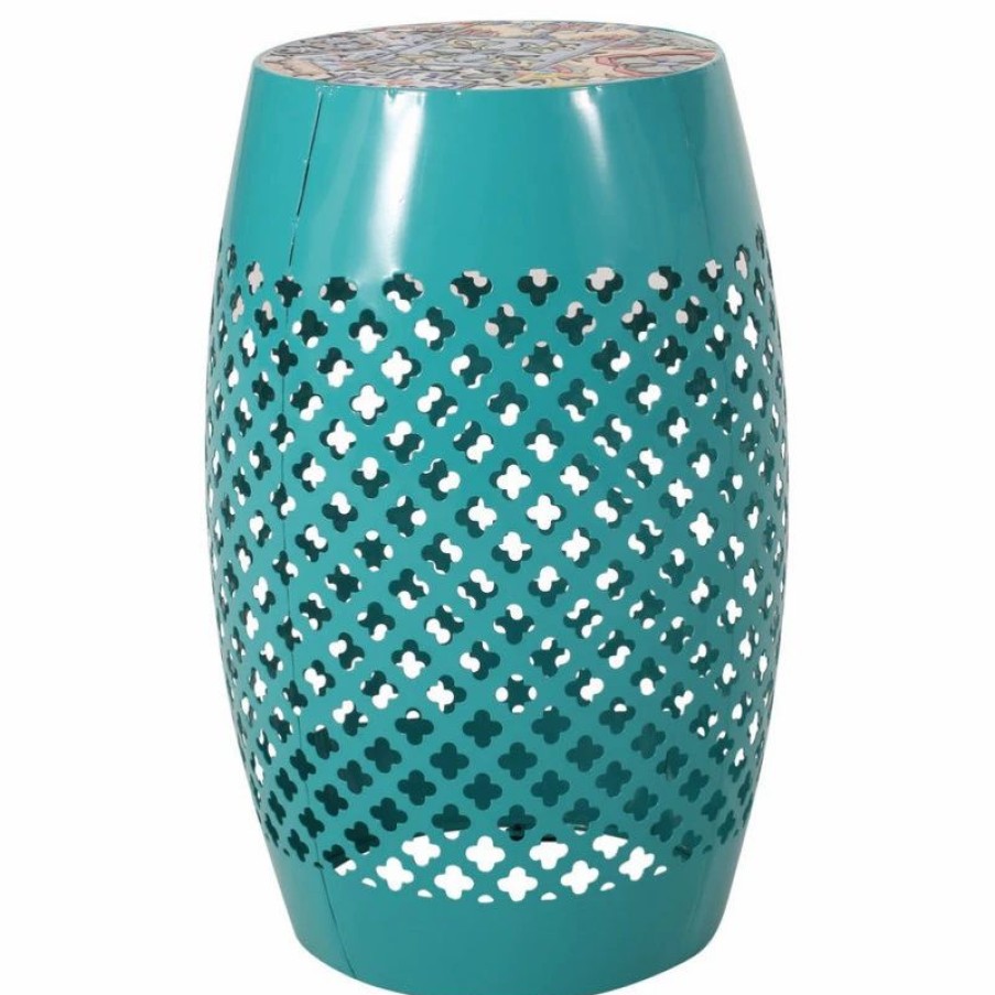 Outdoor Lounge Furniture * | Gdfstudio Vivaan Outdoor Lace Cut Side Table With Tile Top, Teal, Multi-Color