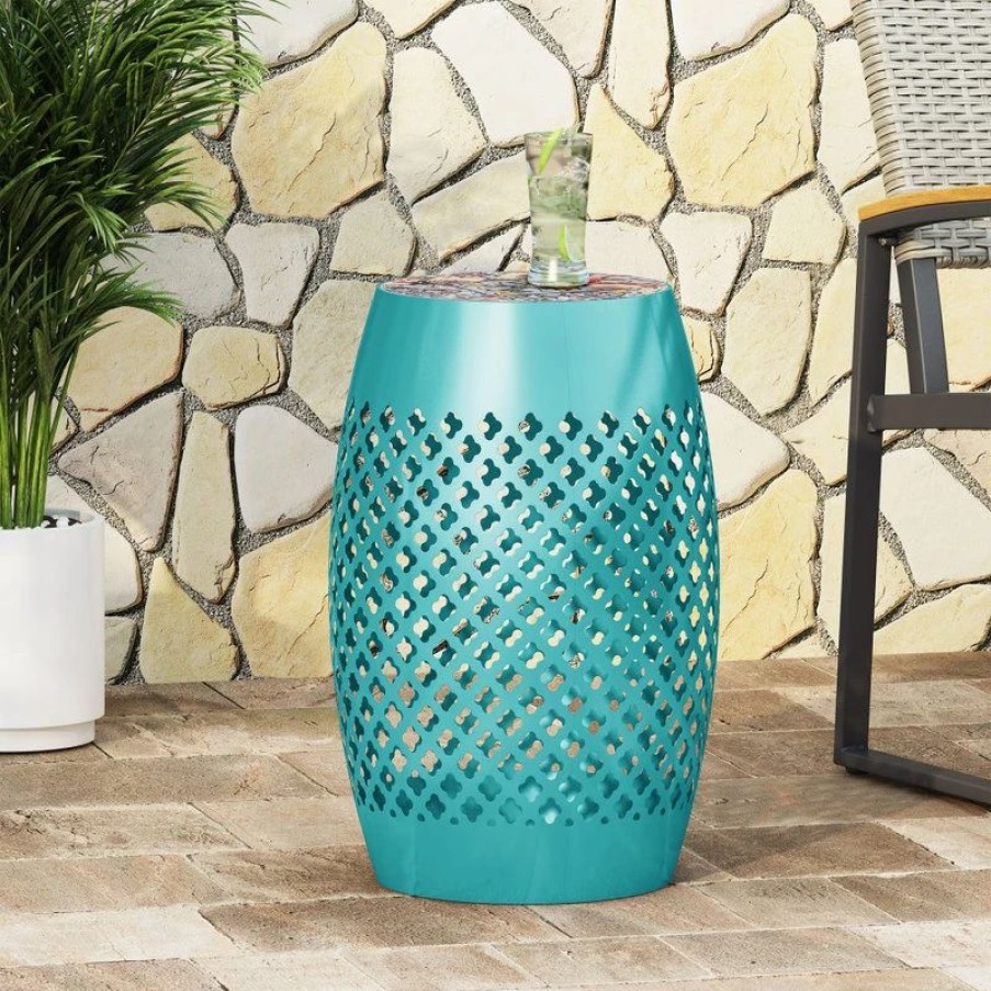 Outdoor Lounge Furniture * | Gdfstudio Vivaan Outdoor Lace Cut Side Table With Tile Top, Teal, Multi-Color