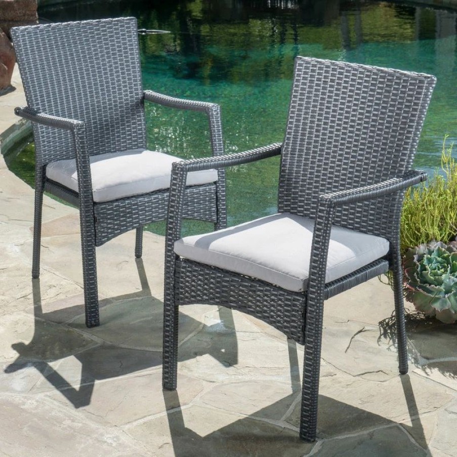 Outdoor Chairs * | Gdfstudio Gdf Studio Tigua Outdoor Gray Wicker Dining Chair With Cushions, Set Of 2