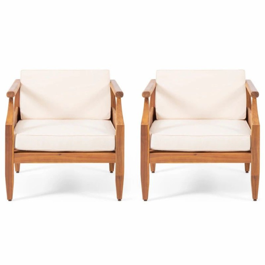 Outdoor Lounge Furniture * | Gdfstudio Jossie Outdoor Acacia Wood Club Chair W/ Cushion,Set Of 2, Teak Finish And Cream