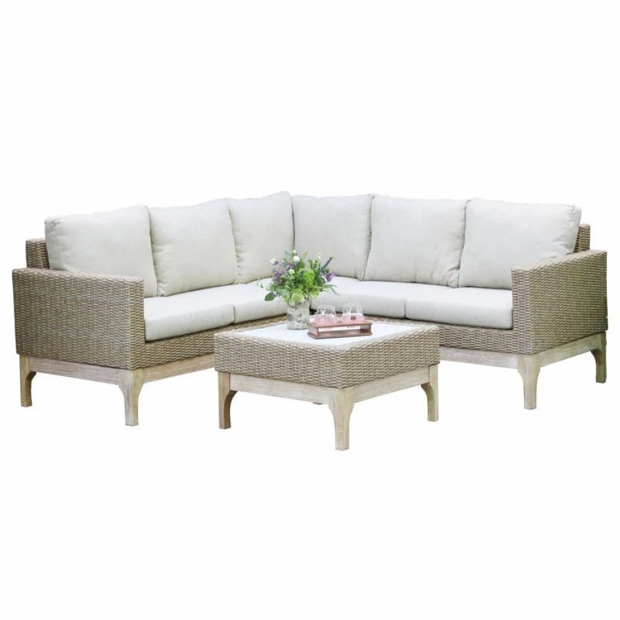 Outdoor Lounge Furniture * | Outdoor Interiors 4-Piece Antique Eucalyptus And Wheat Wicker Sectional