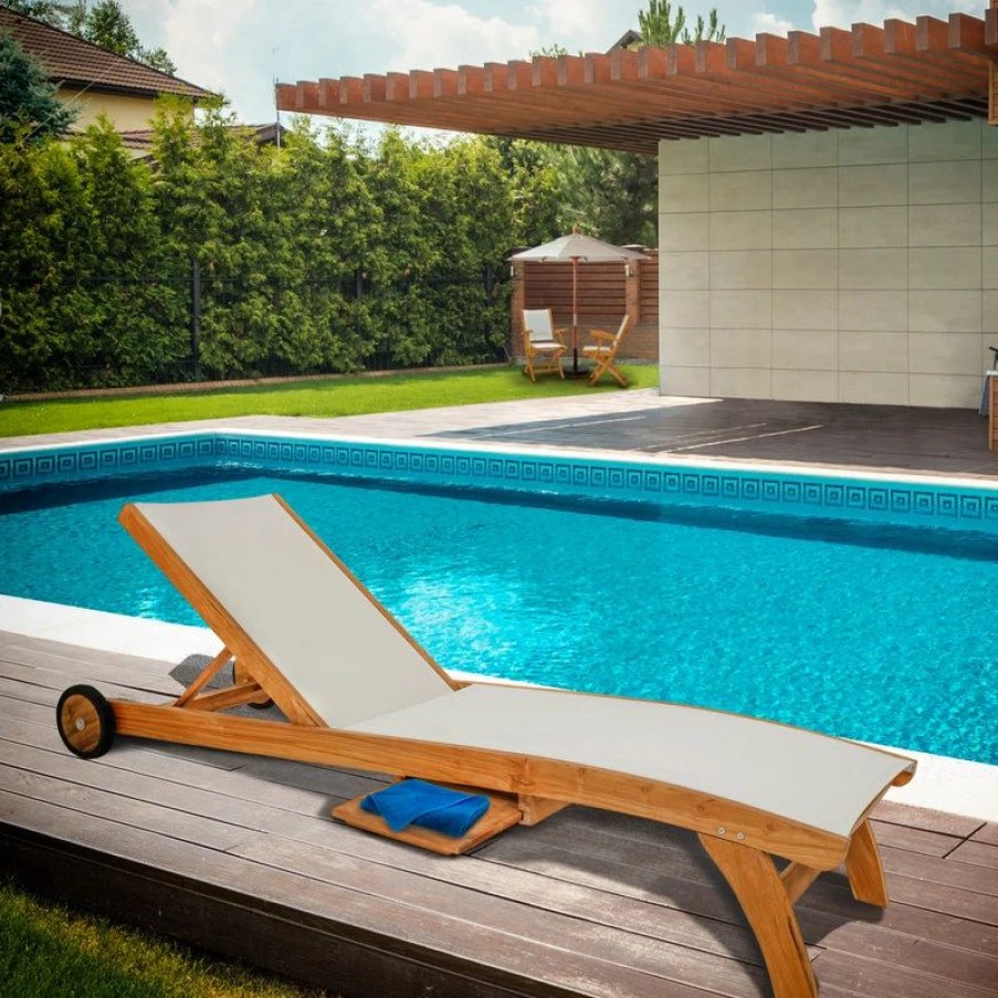 Outdoor Chairs * | Chic Teak Inc. Teak Wood Bahama Pool Lounger With Batyline Mesh, White