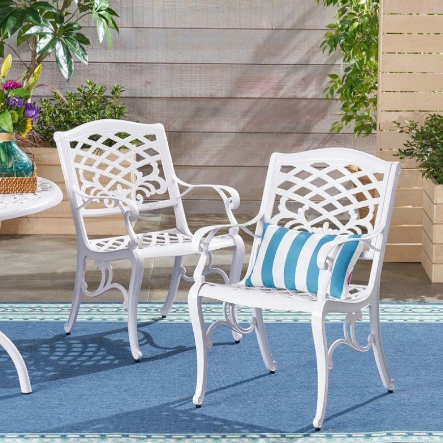 Outdoor Chairs * | Gdfstudio Gdf Studio Brody Outdoor White Cast Aluminum Arm Chair, White, Set Of 2