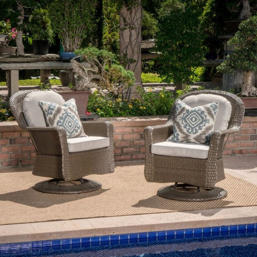 Outdoor Lounge Furniture * | Gdfstudio Gdf Studio Linsten Outdoor Wicker Swivel Club Chairs, Water Resistant Cushions