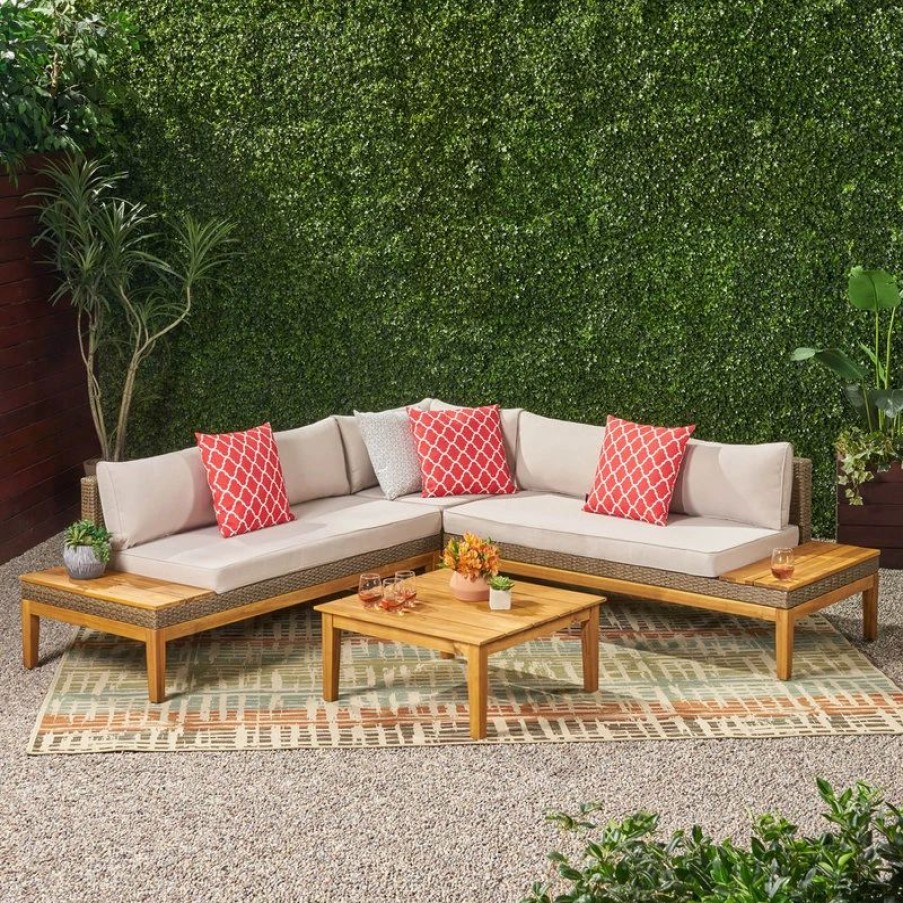 Outdoor Lounge Furniture * | Gdfstudio Samuel Outdoor Acacia Wood And Wicker 5 Seater Sectional Sofa Set, Teak/Light Kh