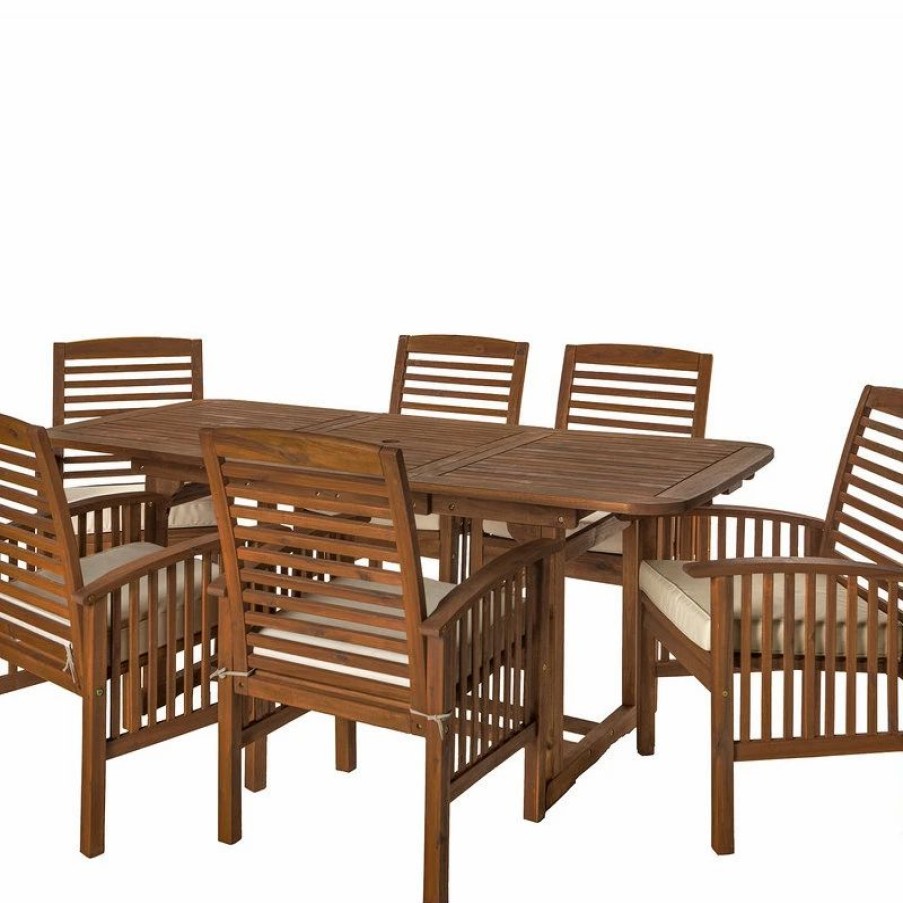 Outdoor Dining Furniture * | Walker Edison 7-Piece Acacia Wood Outdoor Patio Dining Set With Cushions Dark Brown