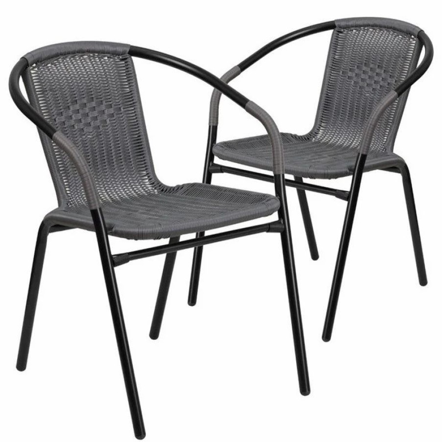 Outdoor Chairs * | Flash Furniture Stackable Rattan Curved Back Dining Arm Chair In Gray (Set Of 2)