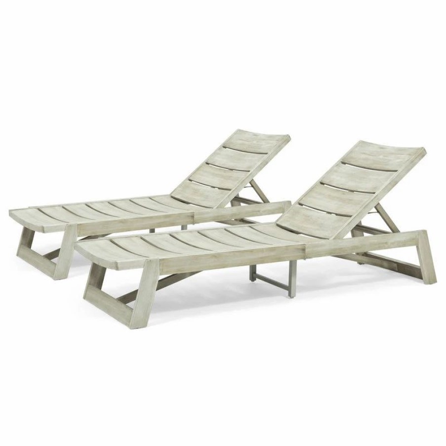 Outdoor Chairs * | Gdfstudio Angela Outdoor Wood And Iron Chaise Lounges, Set Of 2, Light Gray Wash, Gray