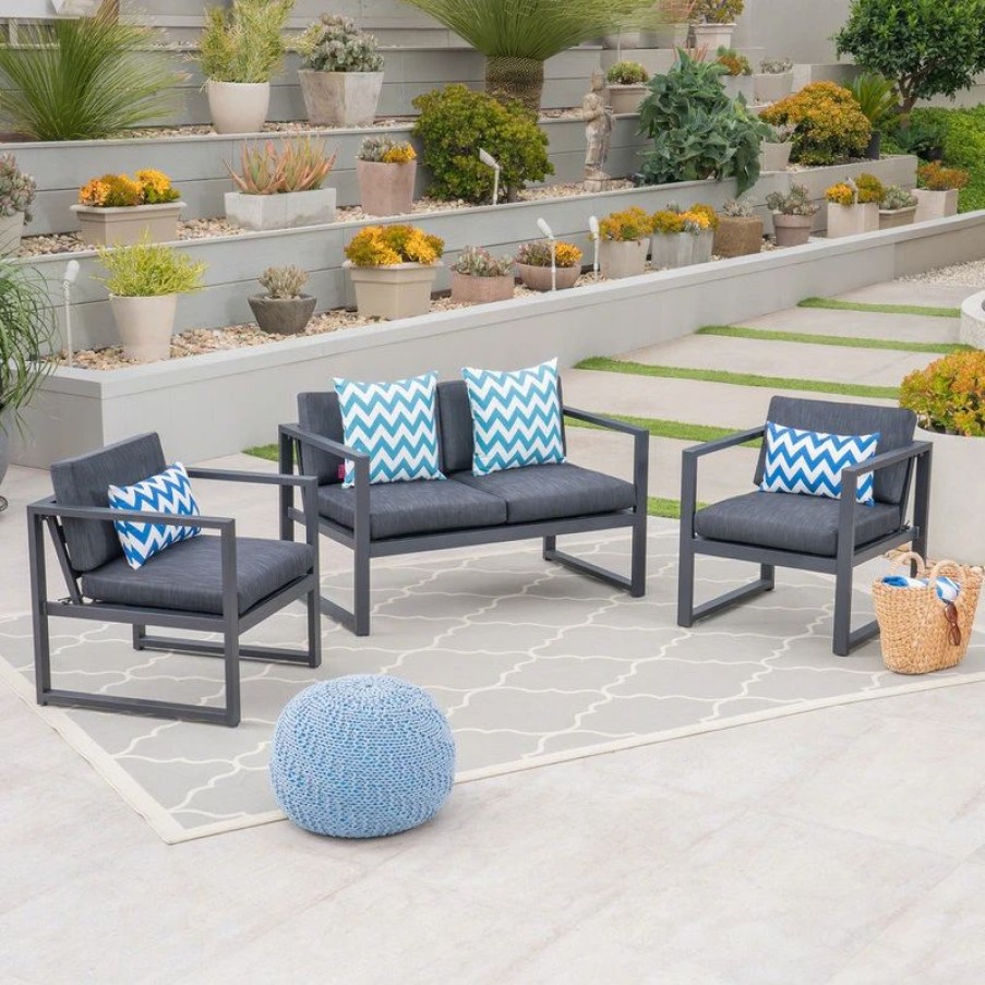 Outdoor Lounge Furniture * | Gdfstudio Gdf Studio Navan Outdoor 4 Seater Aluminum Chat Set, Silver/Dark Gray Cushions