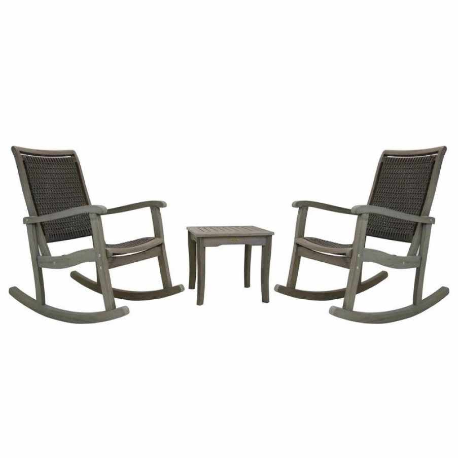 Outdoor Lounge Furniture * | Outdoor Interiors 3-Piece Gray Wash Eucalyptus Rocking Chair Set