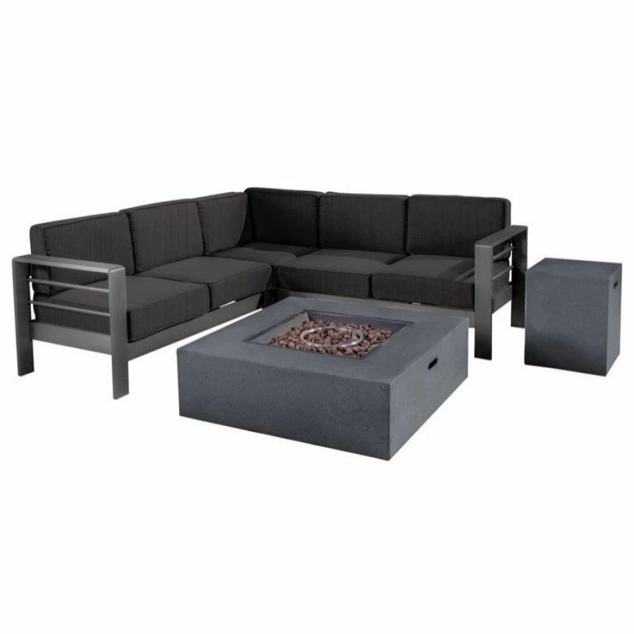 Outdoor Lounge Furniture * | Gdfstudio 5-Piece Coral Bay Outdoor V-Shape Sectional Set, Fire Tab, Dark Gray