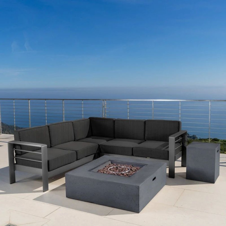 Outdoor Lounge Furniture * | Gdfstudio 5-Piece Coral Bay Outdoor V-Shape Sectional Set, Fire Tab, Dark Gray