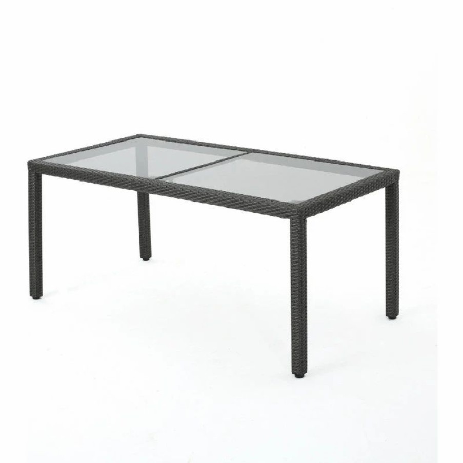 Outdoor Dining Furniture * | Gdfstudio Gdf Studio San Simeon Outdoor Wicker Rectangular Dining Table With Glass Top, Gr