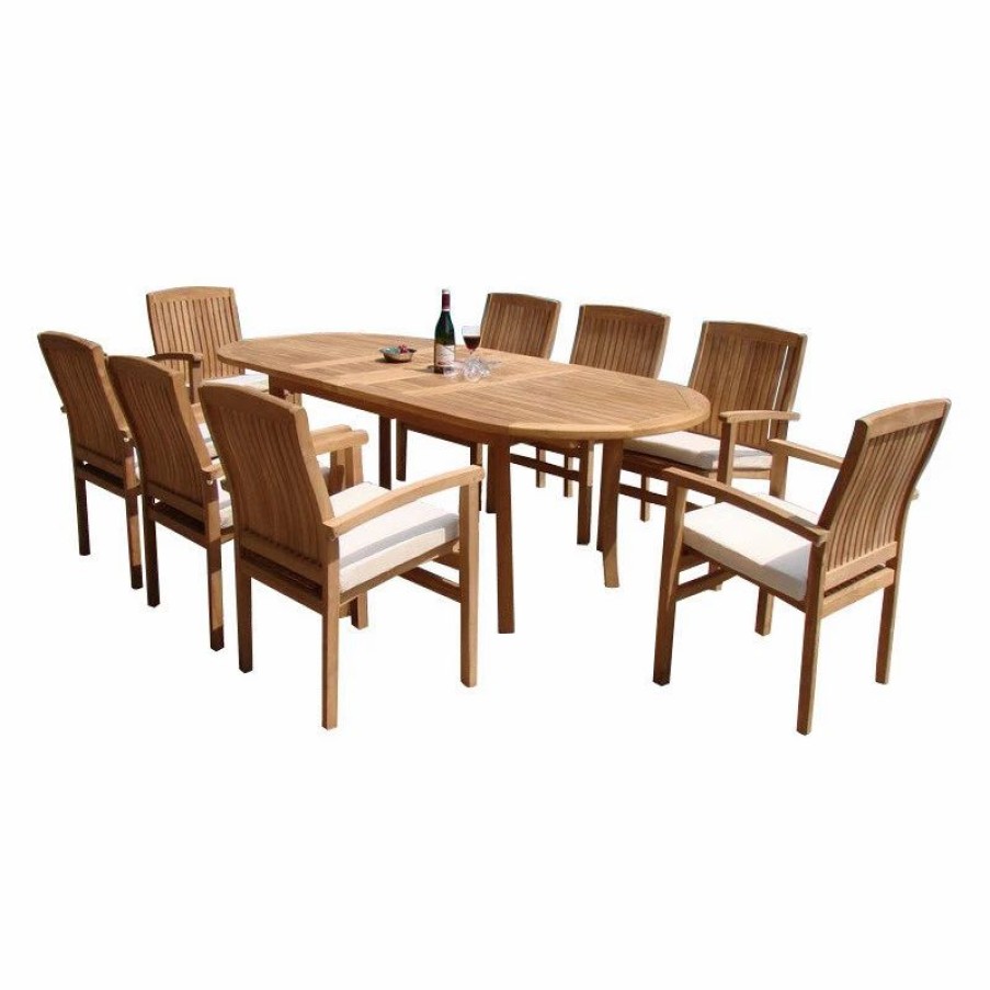 Outdoor Dining Furniture * | Teak Deals 9-Piece Outdoor Teak Dining Set, 94 Oval Table, 8 Wave Stacking Arm Chairs