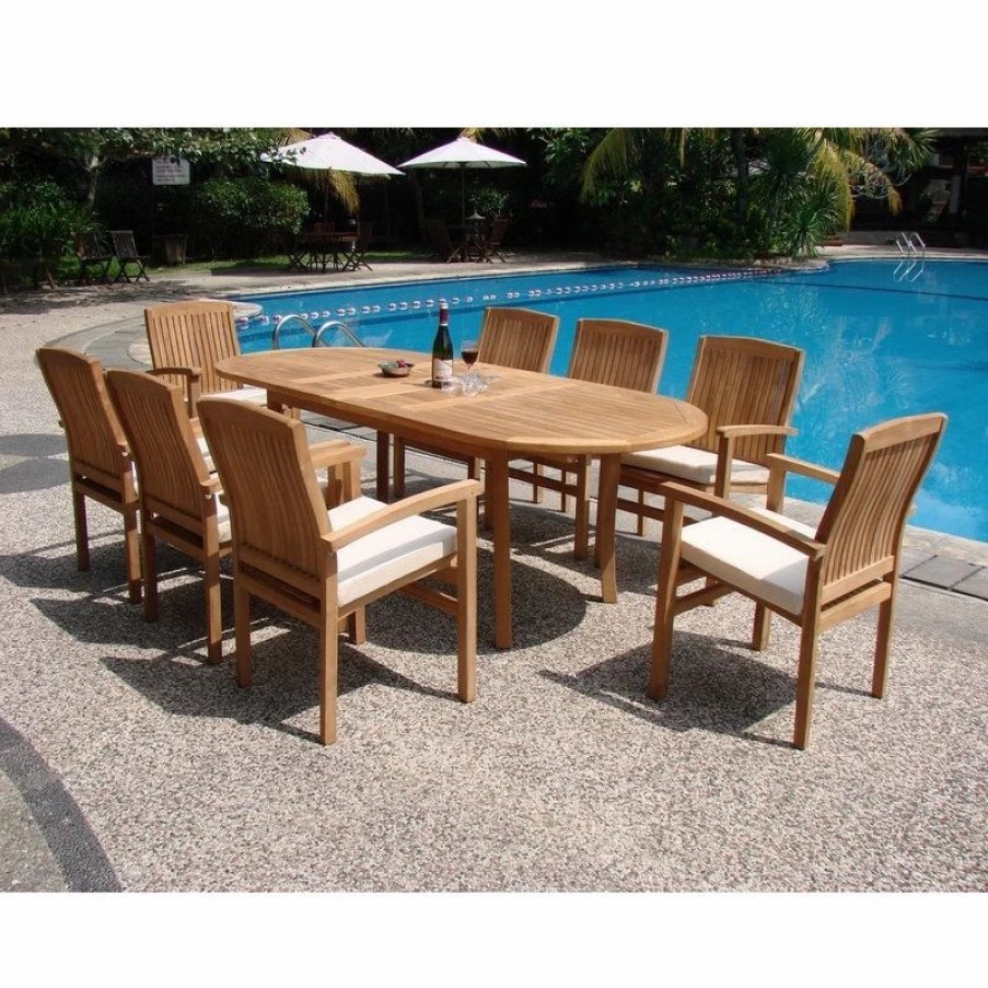 Outdoor Dining Furniture * | Teak Deals 9-Piece Outdoor Teak Dining Set, 94 Oval Table, 8 Wave Stacking Arm Chairs