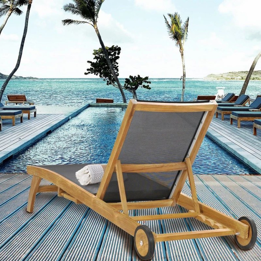 Outdoor Chairs * | Chic Teak Inc. Teak Wood Bahama Pool Lounger With Batyline Mesh, Black