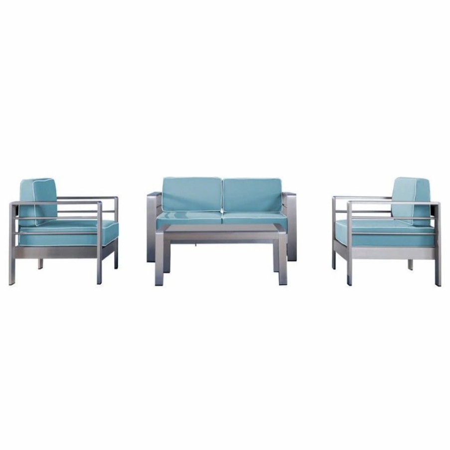 Outdoor Lounge Furniture * | Gdfstudio Gdf Studio 4-Piece Crested Bay Outdoor Silver Aluminum Framed Chat Set