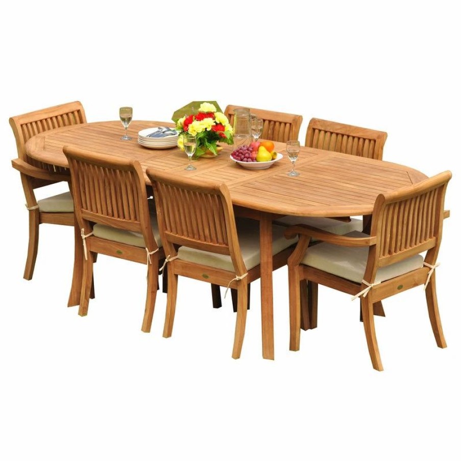 Outdoor Dining Furniture * | Teak Deals 7-Piece Teak Dining Set, 94 Ext Oval, 6 Arbor Stacking Arm/Armless Chairs