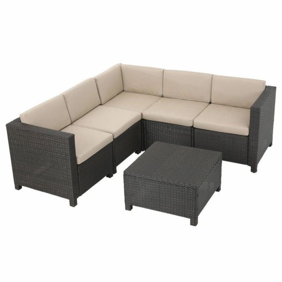 Outdoor Lounge Furniture * | Gdfstudio Gdf Studio Valona Outdoor Wicker V Shaped Sectional Sofa Set, Dark Bown/Beige