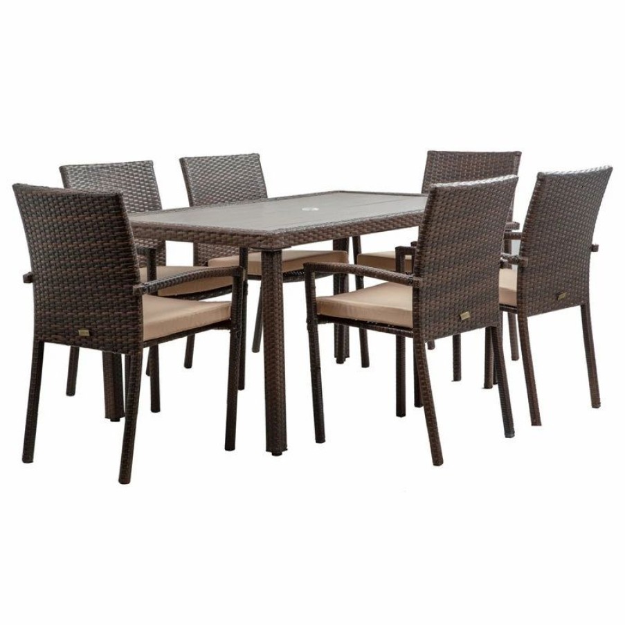 Outdoor Dining Furniture * | Belleze Wicker Patio Dining Table Set, Brown, 7-Pieces